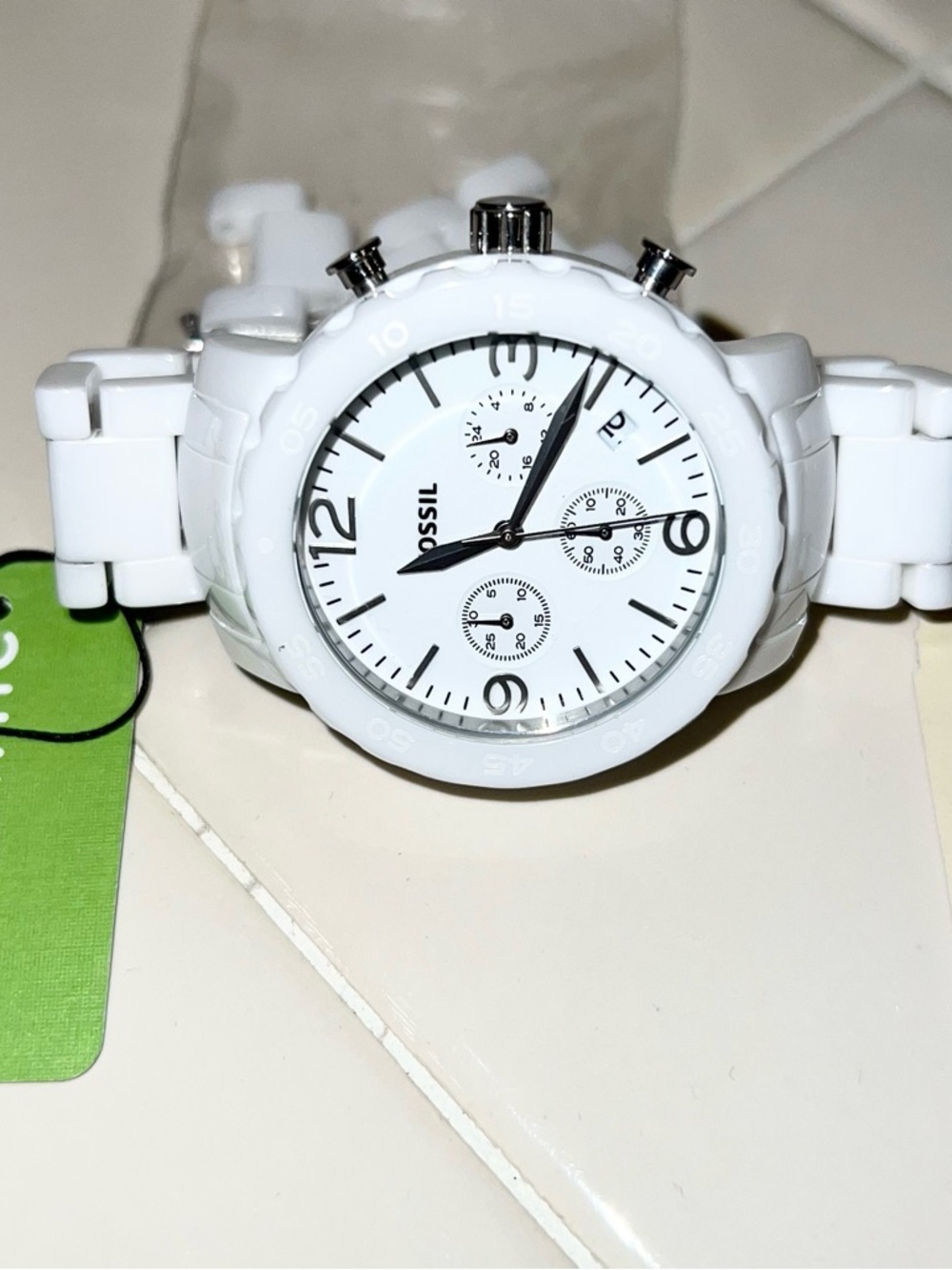 Fossil White Ceramic Chronograph Watch with Silver Hands, Women’s